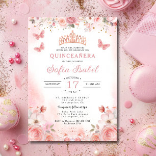 Quinceañera Blush Pink Rose Bloemenvlinder Kaart