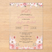 Quinceañera Blush Pink Rose Floral Acryl Uitnodigingen (Voorkant)