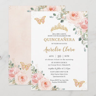 Quinceañera Blush Pink Rose Floral Butterfly Crown Kaart