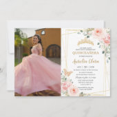 Quinceañera Blush Pink Rose Floral Butterfly Foto Kaart (Voorkant)