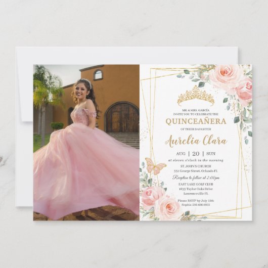 Quinceañera Blush Pink Rose Floral Butterfly Foto Kaart (Voorkant)
