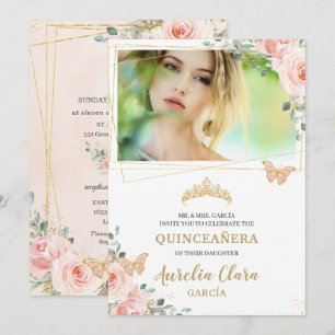 Quinceañera Blush Pink Rose Floral Butterfly Foto Kaart