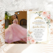 Quinceañera Blush Pink Rose Floral Butterfly Foto Kaart