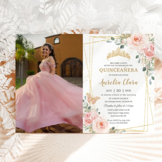 Quinceañera Blush Pink Rose Floral Butterfly Foto Kaart