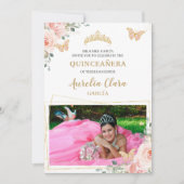 Quinceañera Blush Pink Rose Floral Butterfly Foto Kaart (Voorkant)