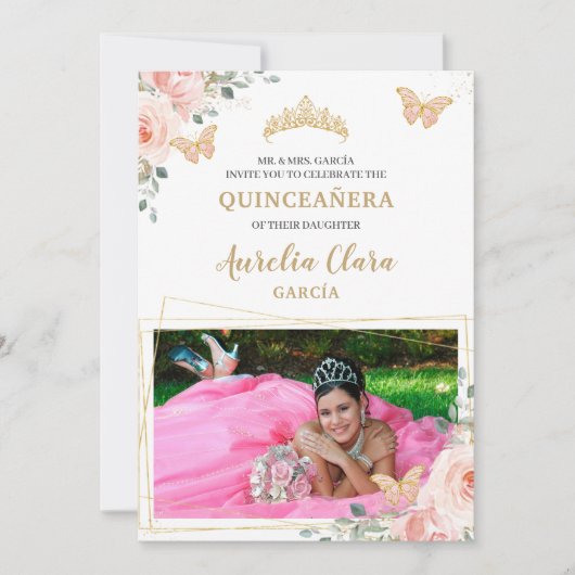 Quinceañera Blush Pink Rose Floral Butterfly Foto Kaart (Voorkant)