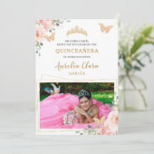 Quinceañera Blush Pink Rose Floral Butterfly Foto Kaart (Staand voorkant)