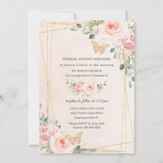 Quinceañera Blush Pink Rose Floral Butterfly Foto Kaart (Achterkant)