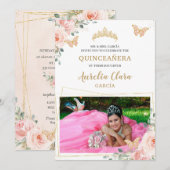 Quinceañera Blush Pink Rose Floral Butterfly Foto Kaart (Voorkant / Achterkant)