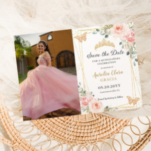 Quinceañera Blush Pink Rose Floral Butterfly Foto Save The Date