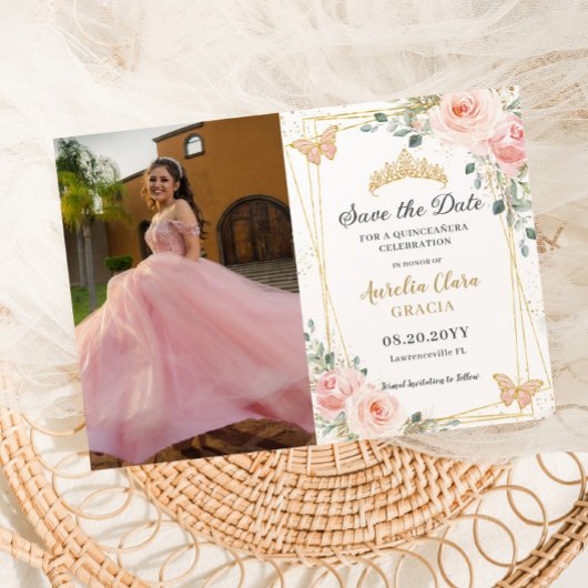 Quinceañera Blush Pink Rose Floral Butterfly Foto Save The Date
