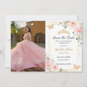 Quinceañera Blush Pink Rose Floral Butterfly Foto Save The Date (Voorkant)