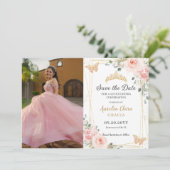 Quinceañera Blush Pink Rose Floral Butterfly Foto Save The Date (Staand voorkant)