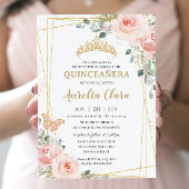 Quinceañera Blush Pink Rose Floral Butterfly Tiara Kaart