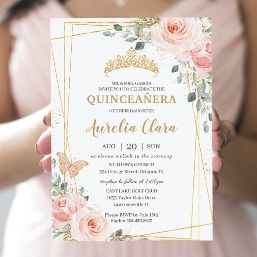 Quinceañera Blush Pink Rose Floral Butterfly Tiara Kaart