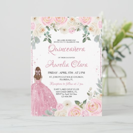 Quinceañera Blush Pink Rose Floral Tiara Kaart (Staand voorkant)