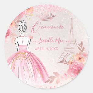 Quinceanera Blush Pink Rose Gold Eiffel Tower Ronde Sticker