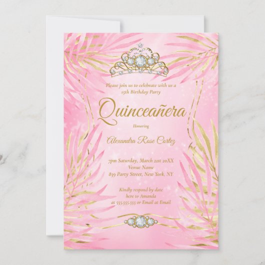 Quinceanera Blush Pink Tiara Palms Birthday Party Kaart (Voorkant)
