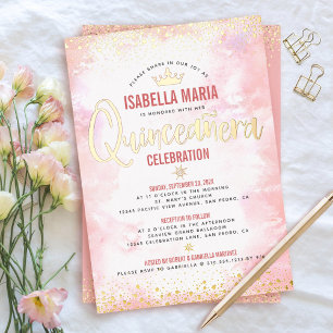 Quinceañera Blush Pink Waterverf Crown Real Gold Folie Uitnodiging
