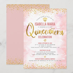 Quinceañera Blush Pink Waterverf Gold Foil Girly Kaart