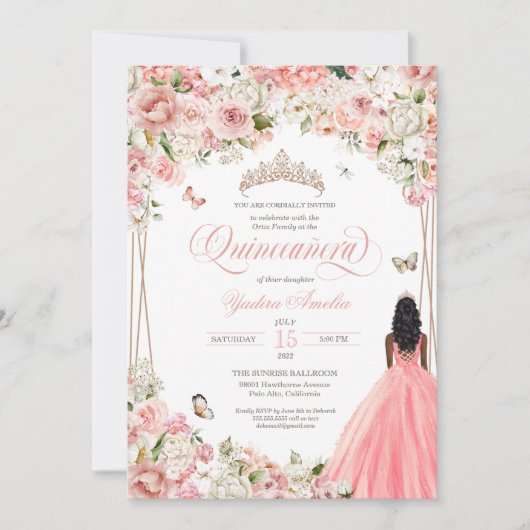 Quinceanera Blush Pink White Floral & Butterfly In Kaart (Voorkant)