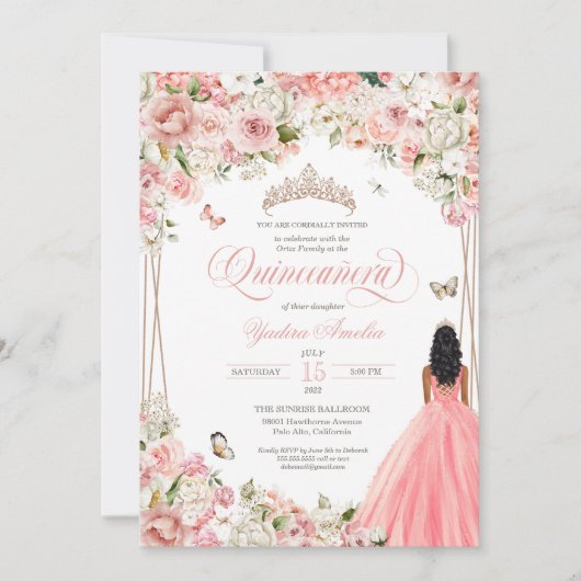 Quinceanera Blush Pink White Floral & Butterfly In Kaart (Voorkant)