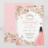 Quinceanera Blush Pink White Floral & Butterfly In Kaart (Voorkant / Achterkant)