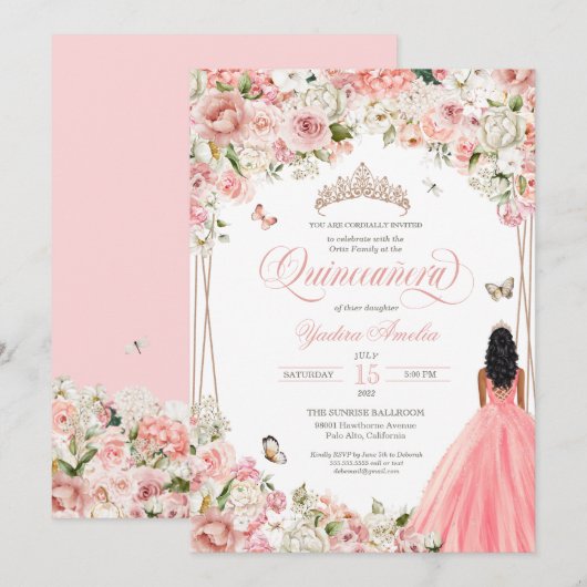 Quinceanera Blush Pink White Floral & Butterfly In Kaart (Voorkant / Achterkant)