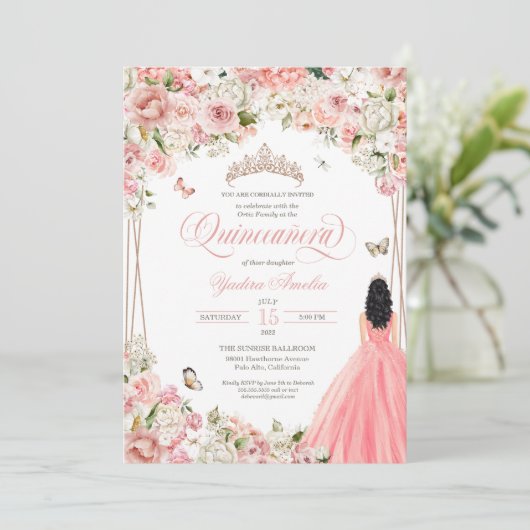 Quinceanera Blush Pink White Floral & Butterfly Kaart (Staand voorkant)