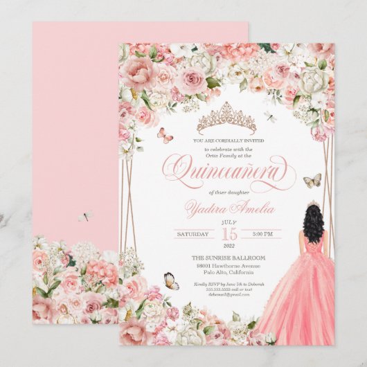 Quinceanera Blush Pink White Floral & Butterfly Kaart (Voorkant / Achterkant)