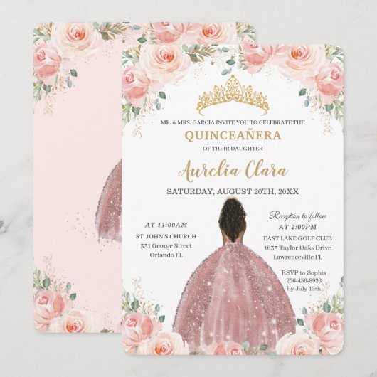 Quinceañera Blush Roze Bloem Roze Goud Bruine Meis Kaart (Voorkant / Achterkant)
