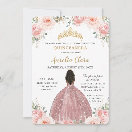 Quinceañera Blush Roze Bloem Roze Goud Bruine Meis Kaart (Voorkant)