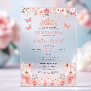 Quinceañera Blush Roze Bloem Vlinder Acryl Uitnodigingen