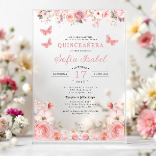 Quinceañera Blush Roze Bloem Vlinder Acryl Uitnodigingen