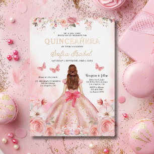 Quinceañera Blush Roze Bloem Vlinder Folie Uitnodiging