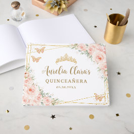 Quinceanera Blush Roze Bloemen Gouden Vlinders 15 Gastenboek