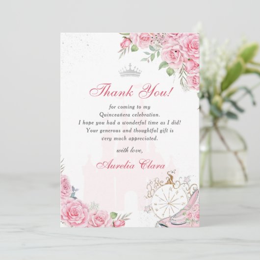 Quinceanera Blush Roze Bloemen Kroon Dank u kaart (Staand voorkant)