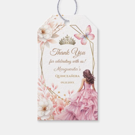 Quinceañera Blush Roze Bloemen Prinses Vlinder Cadeaulabel (Voorkant)