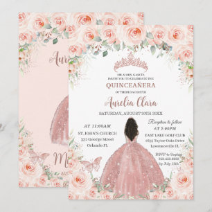 Quinceañera Blush Roze Bloemen Roos Gouden Jurk Me Kaart