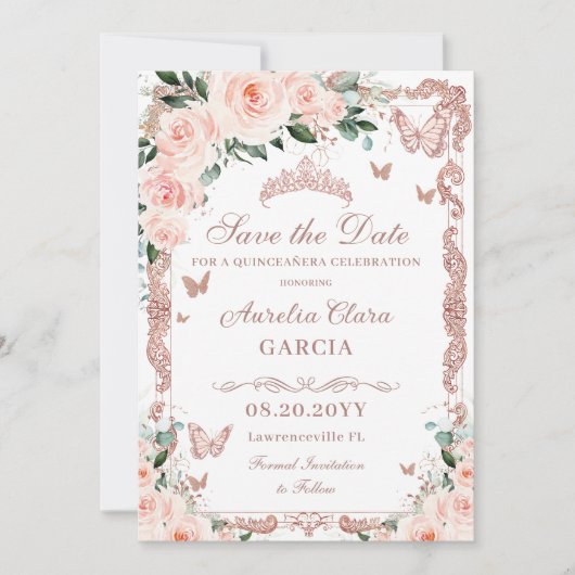 Quinceañera Blush Roze Bloemen Roos Gouden Vlinder Save The Date (Voorkant)