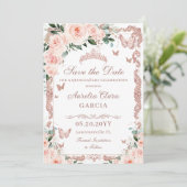 Quinceañera Blush Roze Bloemen Roos Gouden Vlinder Save The Date (Staand voorkant)