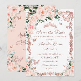 Quinceañera Blush Roze Bloemen Roos Gouden Vlinder Save The Date