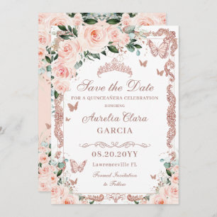 Quinceañera Blush Roze Bloemen Roos Gouden Vlinder Save The Date