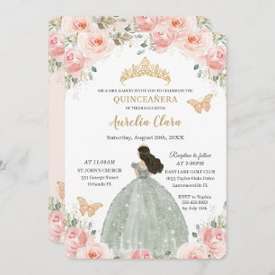 Quinceañera Blush Roze Bloemen Salie Groene Jurk Kaart