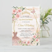 Quinceanera Blush Roze Bloemen Vlinder Kaart (Staand voorkant)