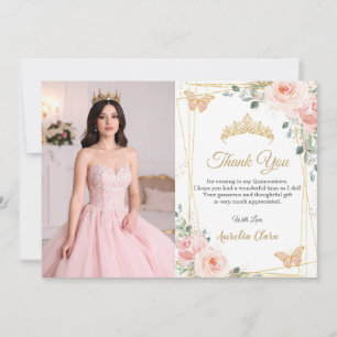 Quinceañera Blush Roze Bloemen Vlinders Foto Bedankkaart