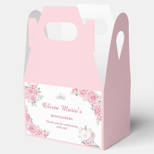 Quinceanera Blush Roze Bloemen Zilveren Kroon Bedankdoosjes (Geopend)