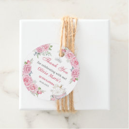 Quinceanera Blush Roze Bloemen Zilveren Kroon Bedankjes Labels