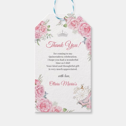 Quinceanera Blush Roze Bloemen Zilveren Kroon Cadeaulabel (Voorkant)