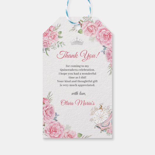 Quinceanera Blush Roze Bloemen Zilveren Kroon Cadeaulabel (Achterkant)